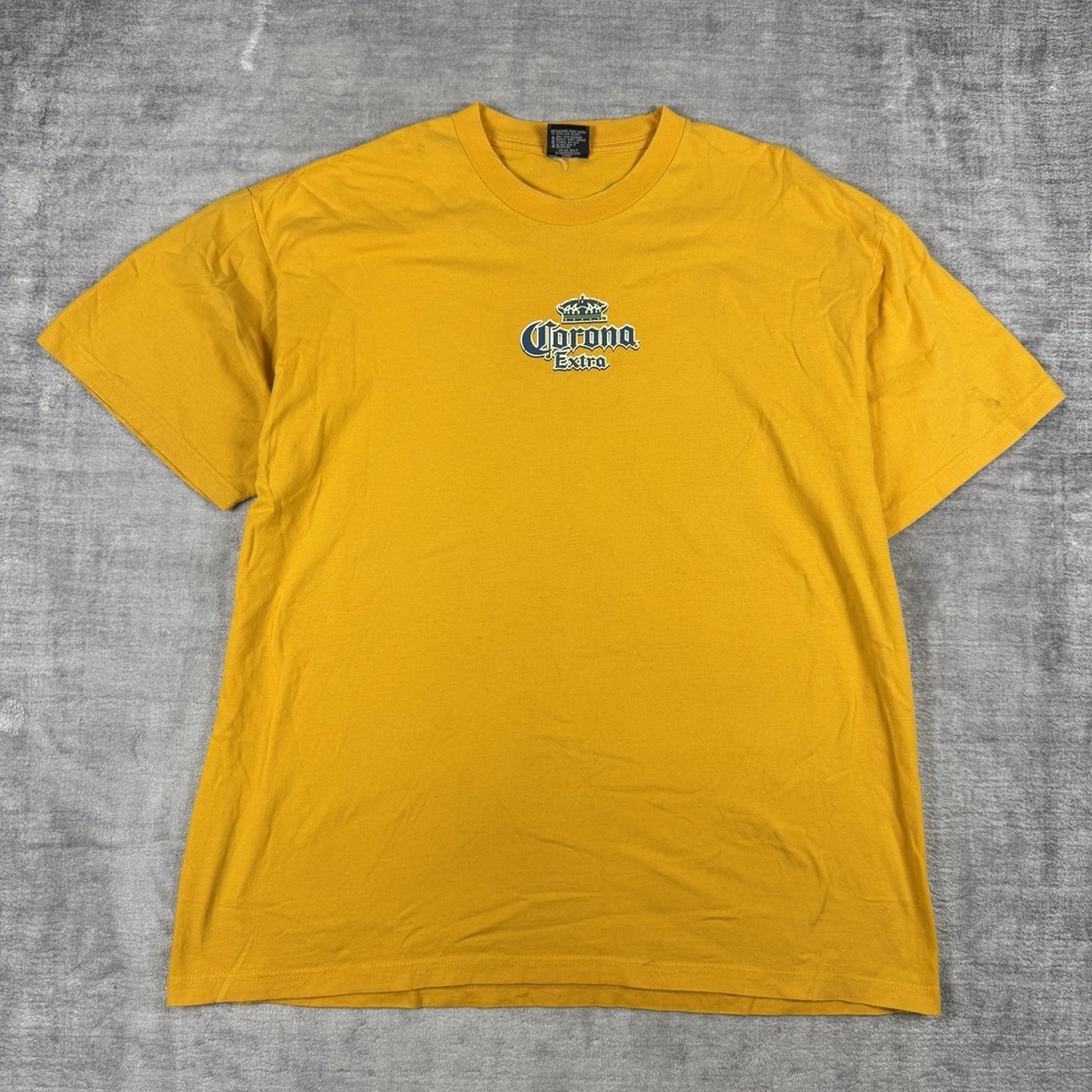 Vintage Corona Extra Shirt Mens 2XL Yellow Y2K Pinup Girl Beer Beach Spell Out